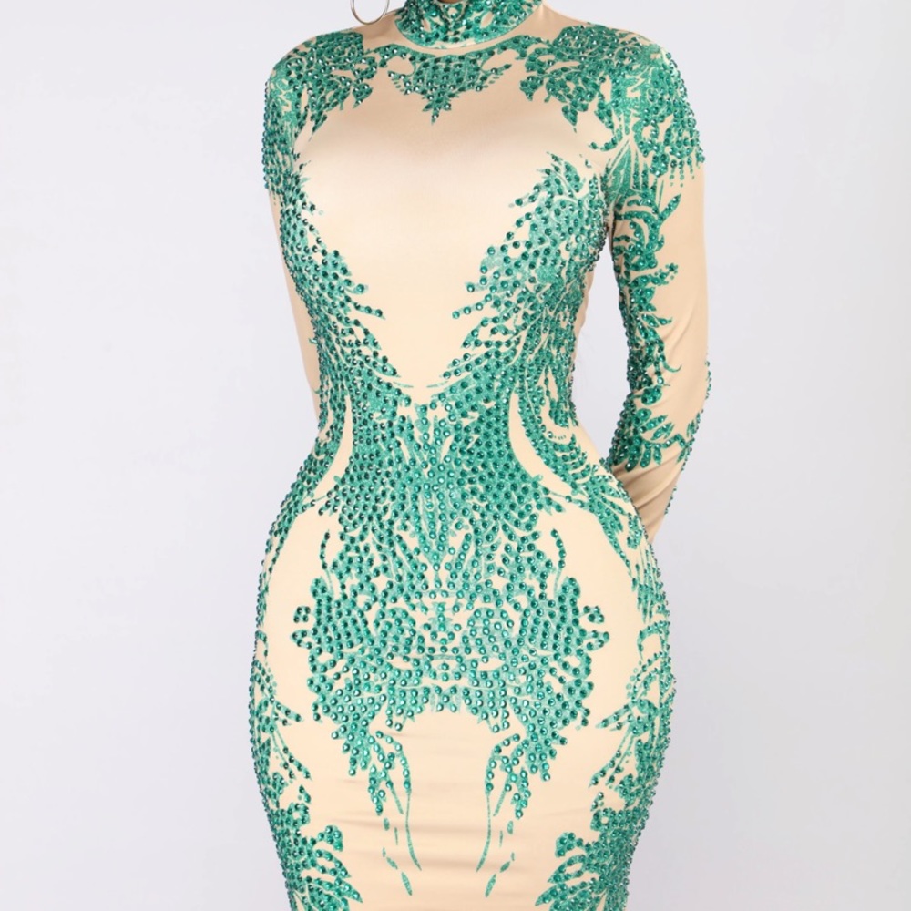 Nude with green stone dress